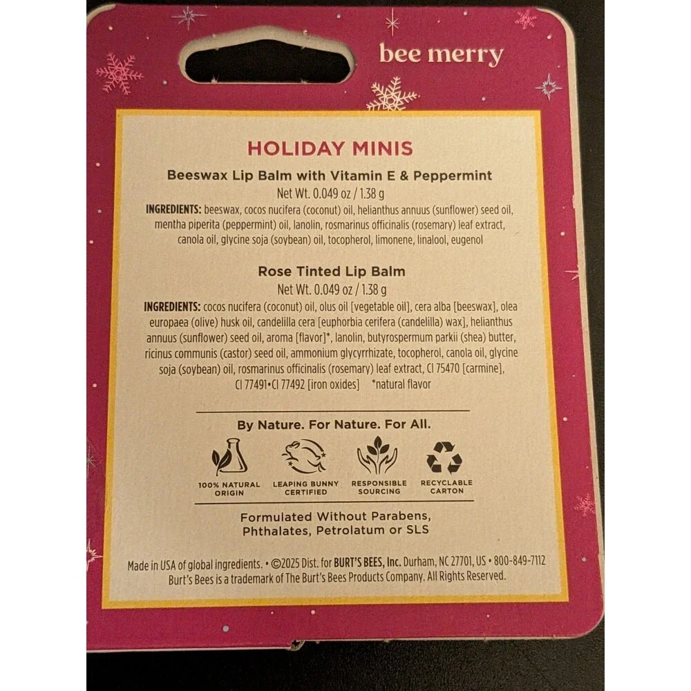 3 Burt's Bees Holiday Minis 2 Pack Original & Red Dahlia & Rose Mini Lip Balms